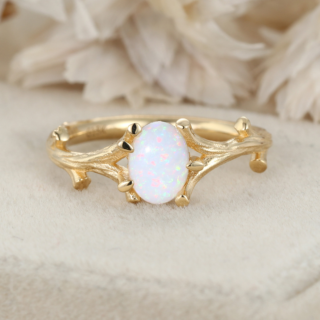 Opal Twig Engagement Ring in 14k Yellow Gold Engagement Ring Oval Cut Natural Opal Ring Anniversary Ring