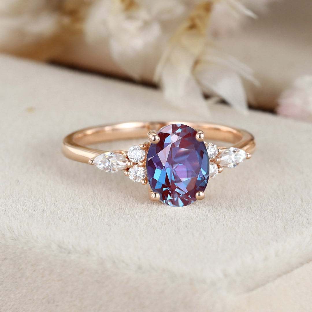 Ova Alexandrite engagement ring Unique Vintage Rose gold engagement ring women Marquise cluster ring Bridal promise ring Anniversary gift