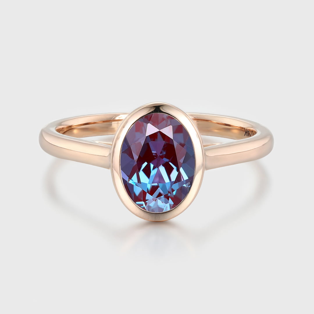 Oval Alexandrite Bezel Solitaire Wedding Ring Oval Cut Alexandrite Engagement Ring Oval Bezel Promise Ring Simple Bezel Set Bridal Ring