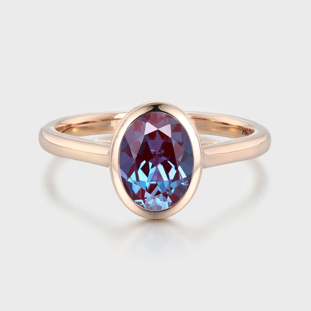 Oval Alexandrite Bezel Solitaire Wedding Ring Oval Cut Alexandrite Engagement Ring Oval Bezel Promise Ring Simple Bezel Set Bridal Ring