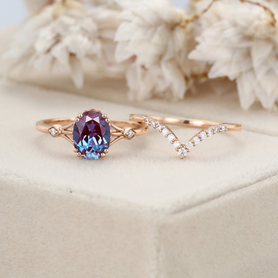 Oval Alexandrite engagement ring set Unique rose gold moissanite engagement ring vintage diamond wedding ring Bridal set Anniversary gift