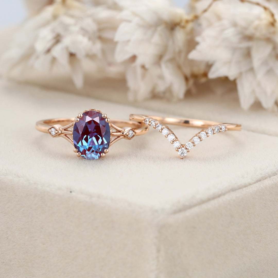 Oval Alexandrite engagement ring set Unique rose gold moissanite engagement ring vintage diamond wedding ring Bridal set Anniversary gift