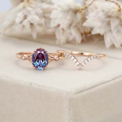 Oval Alexandrite engagement ring set Unique rose gold moissanite engagement ring vintage diamond wedding ring Bridal set Anniversary gift