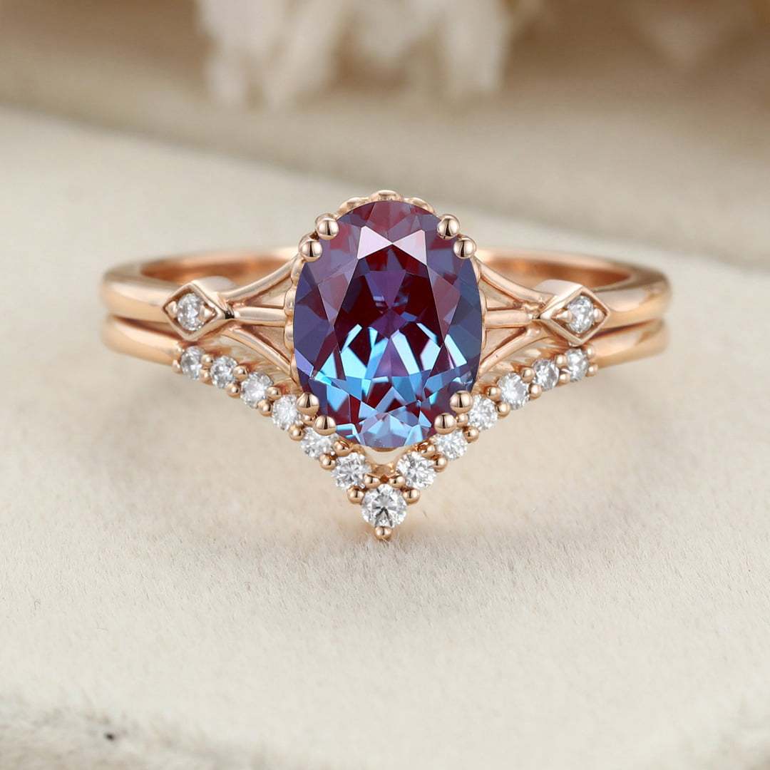 Oval Alexandrite engagement ring set Unique rose gold moissanite engagement ring vintage diamond wedding ring Bridal set Anniversary gift