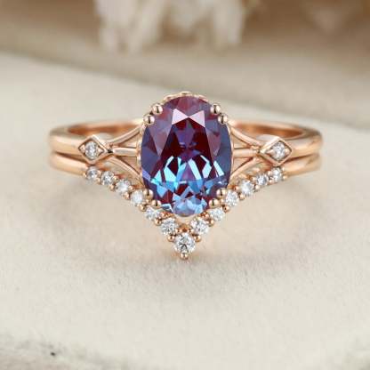 Oval Alexandrite engagement ring set Unique rose gold moissanite engagement ring vintage diamond wedding ring Bridal set Anniversary gift