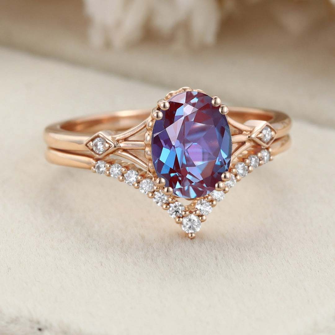 Oval Alexandrite engagement ring set Unique rose gold moissanite engagement ring vintage diamond wedding ring Bridal set Anniversary gift