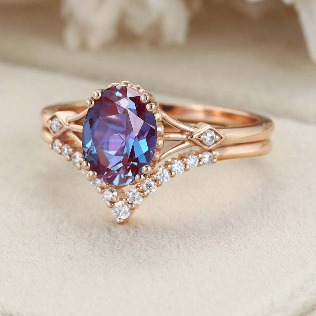 Oval Alexandrite engagement ring set Unique rose gold moissanite engagement ring vintage diamond wedding ring Bridal set Anniversary gift