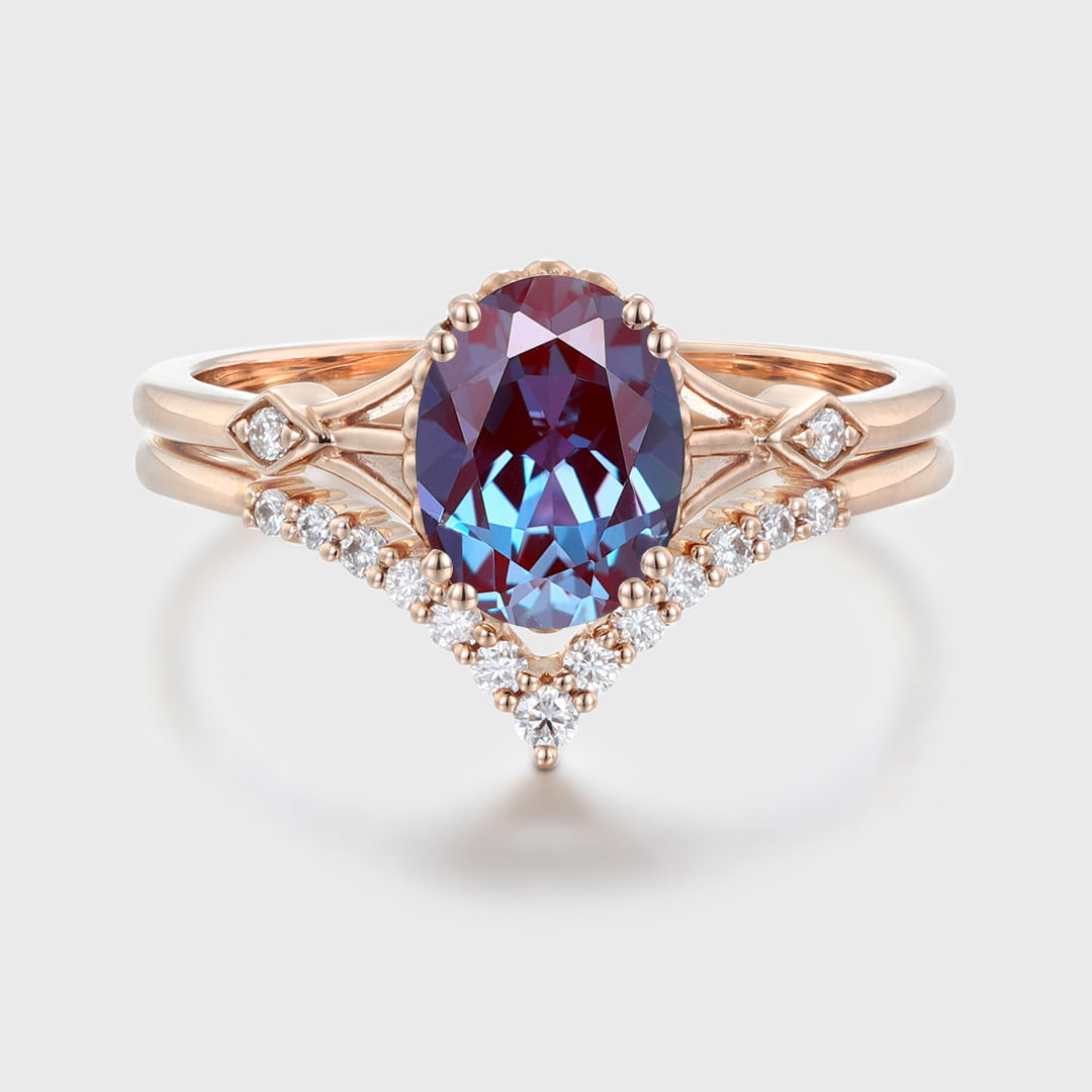 Oval Alexandrite engagement ring set Unique rose gold moissanite engagement ring vintage diamond wedding ring Bridal set Anniversary gift