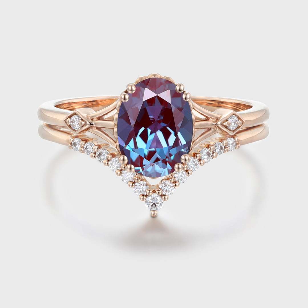 Oval Alexandrite engagement ring set Unique rose gold moissanite engagement ring vintage diamond wedding ring Bridal set Anniversary gift