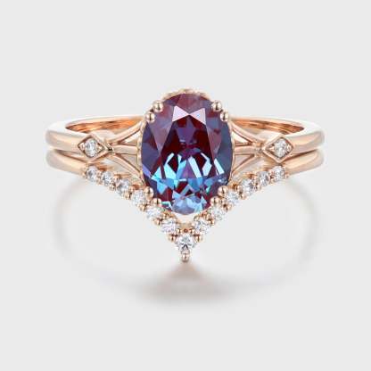 Oval Alexandrite engagement ring set Unique rose gold moissanite engagement ring vintage diamond wedding ring Bridal set Anniversary gift