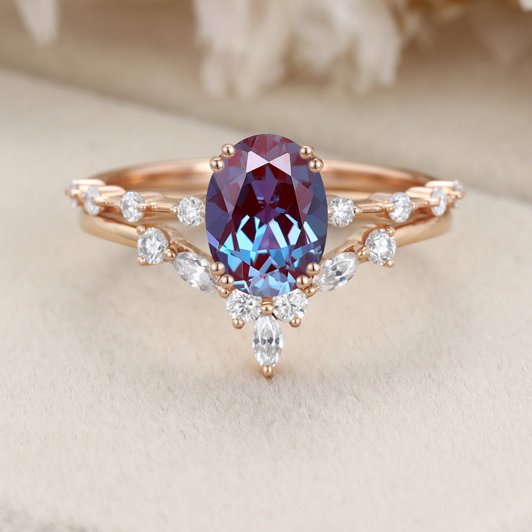 Oval Alexandrite engagement ring set vintage moissanite engagement ring Unique Rose gold engagement ring wedding Bridal Promise Anniversary