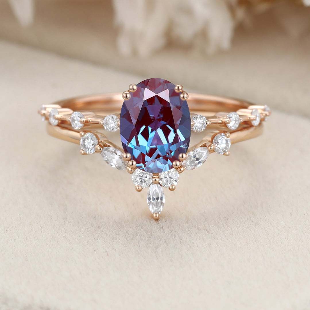 Oval Alexandrite engagement ring set vintage moissanite engagement ring Unique Rose gold engagement ring wedding Bridal Promise Anniversary