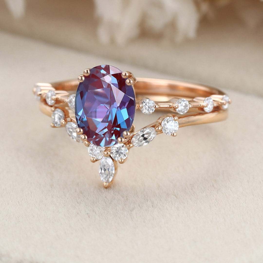 Oval Alexandrite engagement ring set vintage moissanite engagement ring Unique Rose gold engagement ring wedding Bridal Promise Anniversary