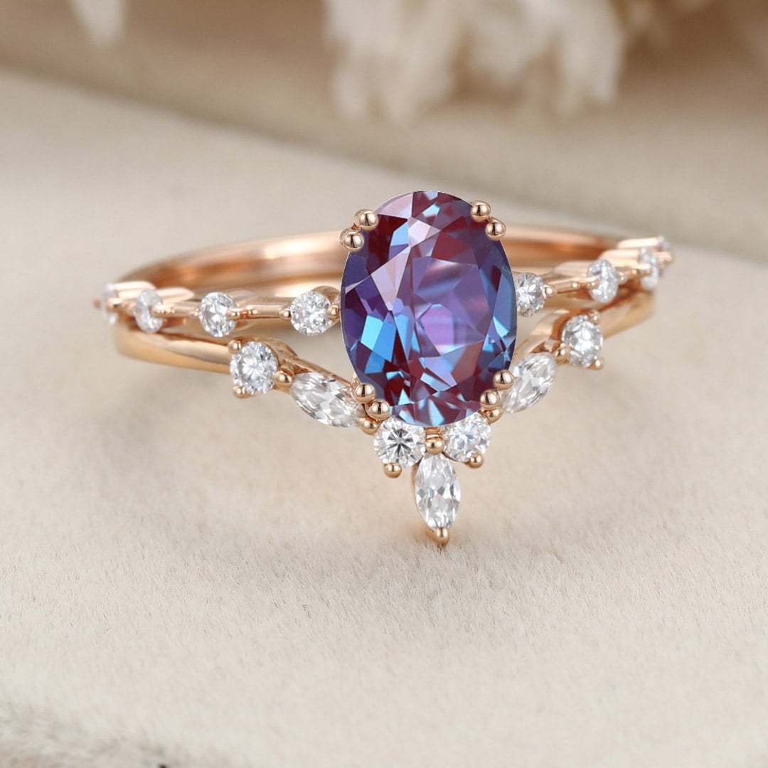 Oval Alexandrite engagement ring set vintage moissanite engagement ring Unique Rose gold engagement ring wedding Bridal Promise Anniversary