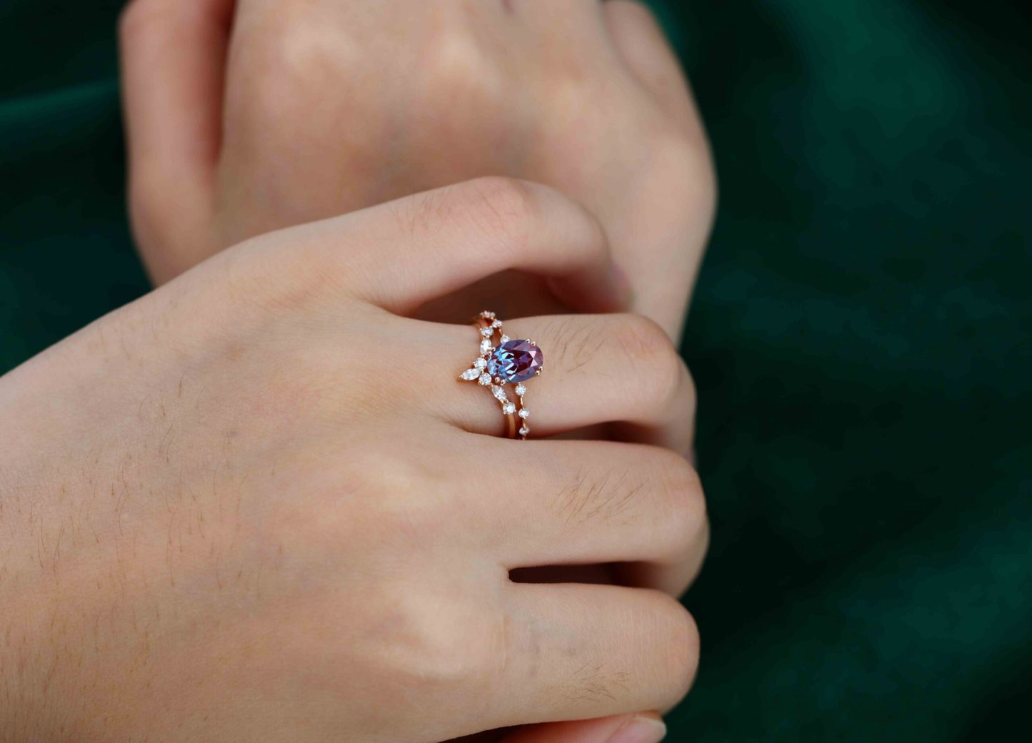 Oval Alexandrite engagement ring set vintage moissanite engagement ring Unique Rose gold engagement ring wedding Bridal Promise Anniversary