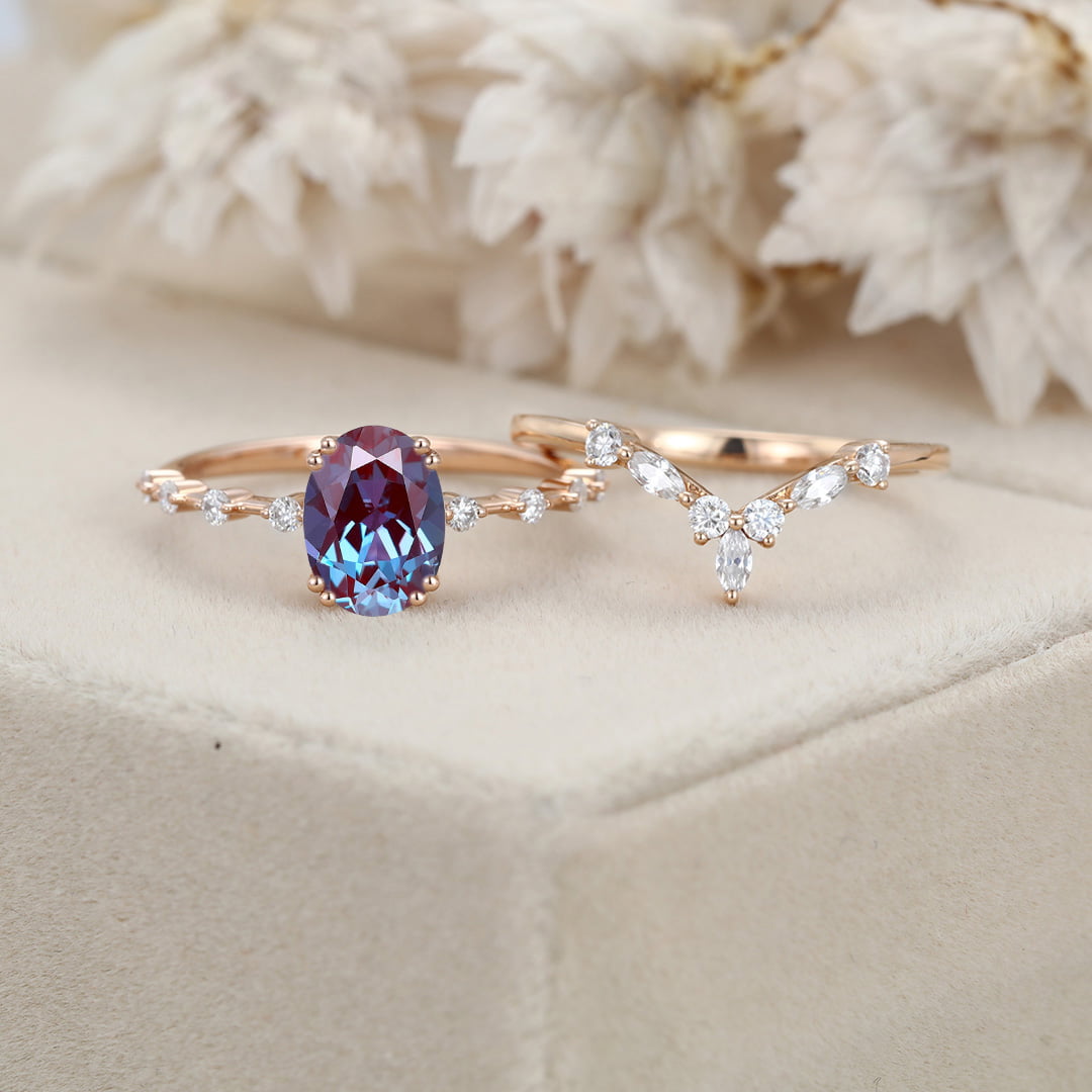 Oval Alexandrite engagement ring set vintage moissanite engagement ring Unique Rose gold engagement ring wedding Bridal Promise Anniversary