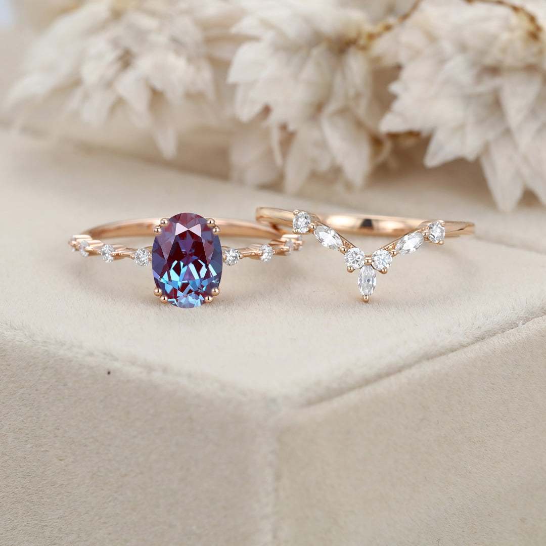 Oval Alexandrite engagement ring set vintage moissanite engagement ring Unique Rose gold engagement ring wedding Bridal Promise Anniversary