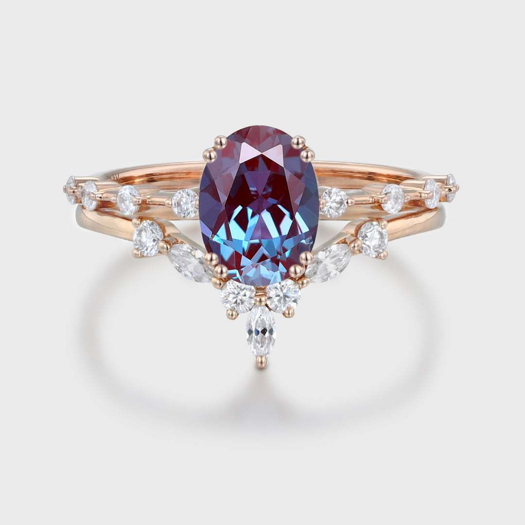 Oval Cut 8x6mm Alexandrite Wedding Ring Set 14k Rose Gold Engagement Ring Wedding Bridal Promise Anniversary Gift