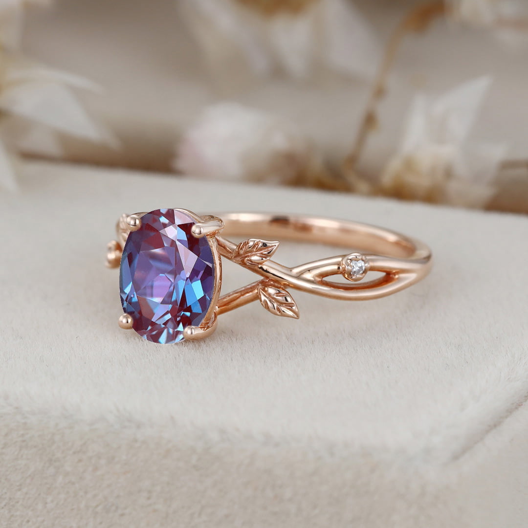 Oval Alexandrte engagement ring Vintage art deco leaf rose gold engagement ring Unique diamond ring Bridal Anniversary promise gift for her