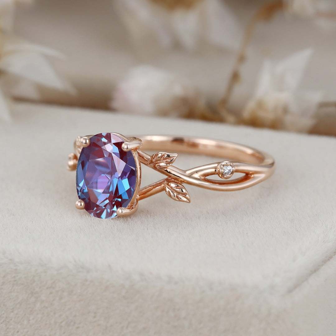 Oval Alexandrte engagement ring Vintage art deco leaf rose gold engagement ring Unique diamond ring Bridal Anniversary promise gift for her