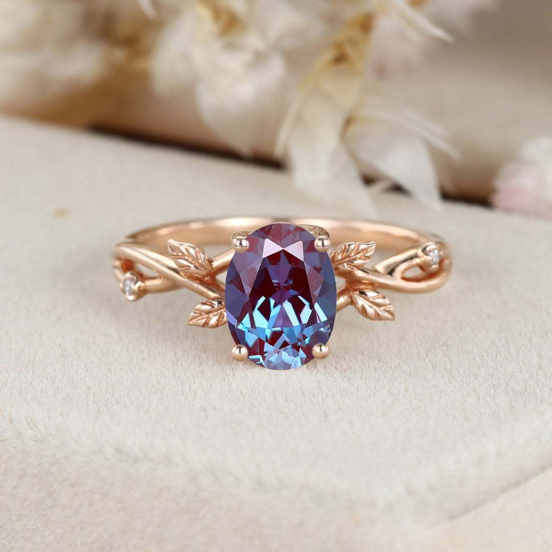 Oval Alexandrte engagement ring Vintage art deco leaf rose gold engagement ring Unique diamond ring Bridal Anniversary promise gift for her