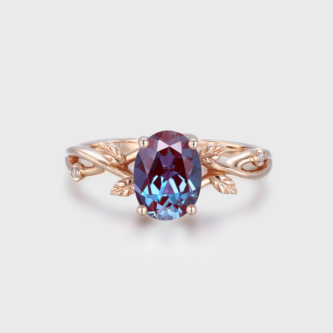 Oval Alexandrte engagement ring Vintage art deco leaf rose gold engagement ring Unique diamond ring Bridal Anniversary promise gift for her