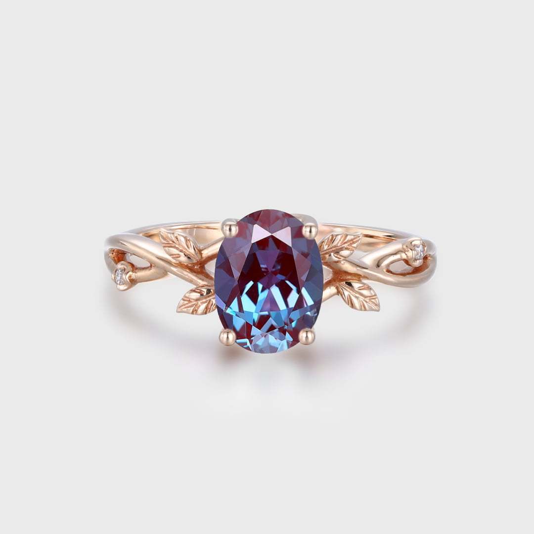 Oval Alexandrte engagement ring Vintage art deco leaf rose gold engagement ring Unique diamond ring Bridal Anniversary promise gift for her