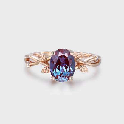 Oval Alexandrte engagement ring Vintage art deco leaf rose gold engagement ring Unique diamond ring Bridal Anniversary promise gift for her