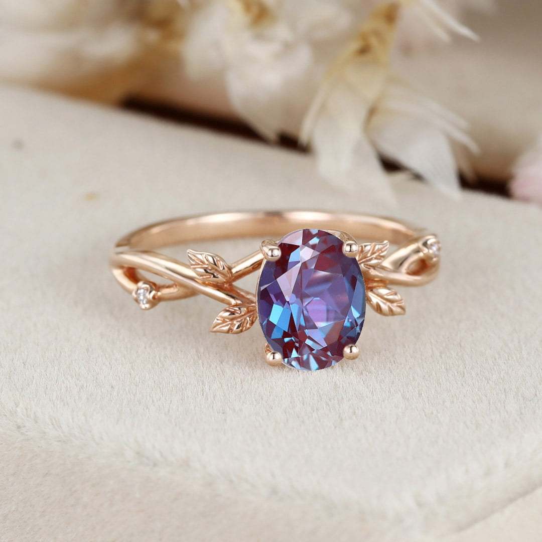 Oval Alexandrte engagement ring Vintage art deco leaf rose gold engagement ring Unique diamond ring Bridal Anniversary promise gift for her