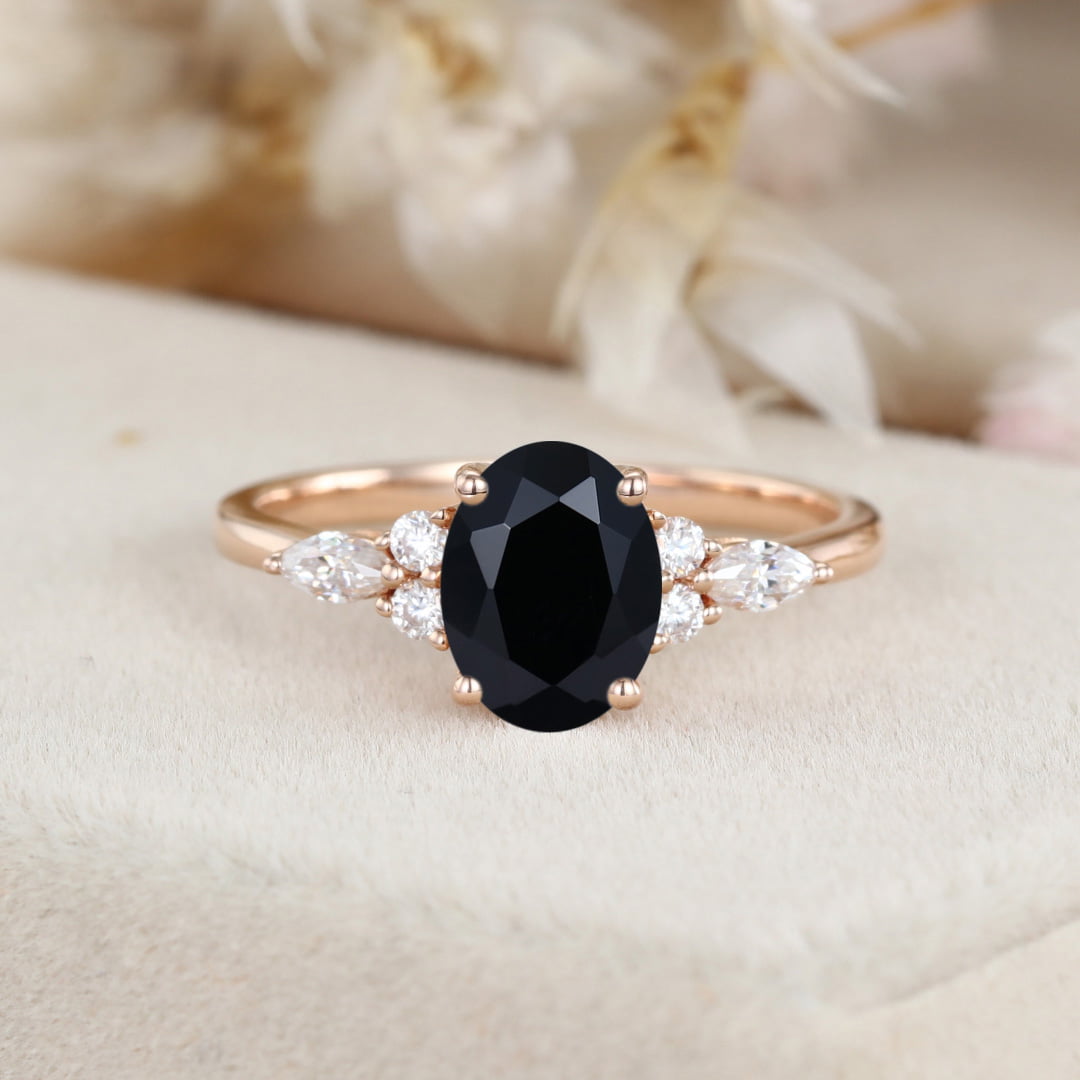 Oval Black Onyx engagement ring Vintage Unique Cluster rose gold engagement ring women Marquise diamond wedding Bridal art deco Anniversary