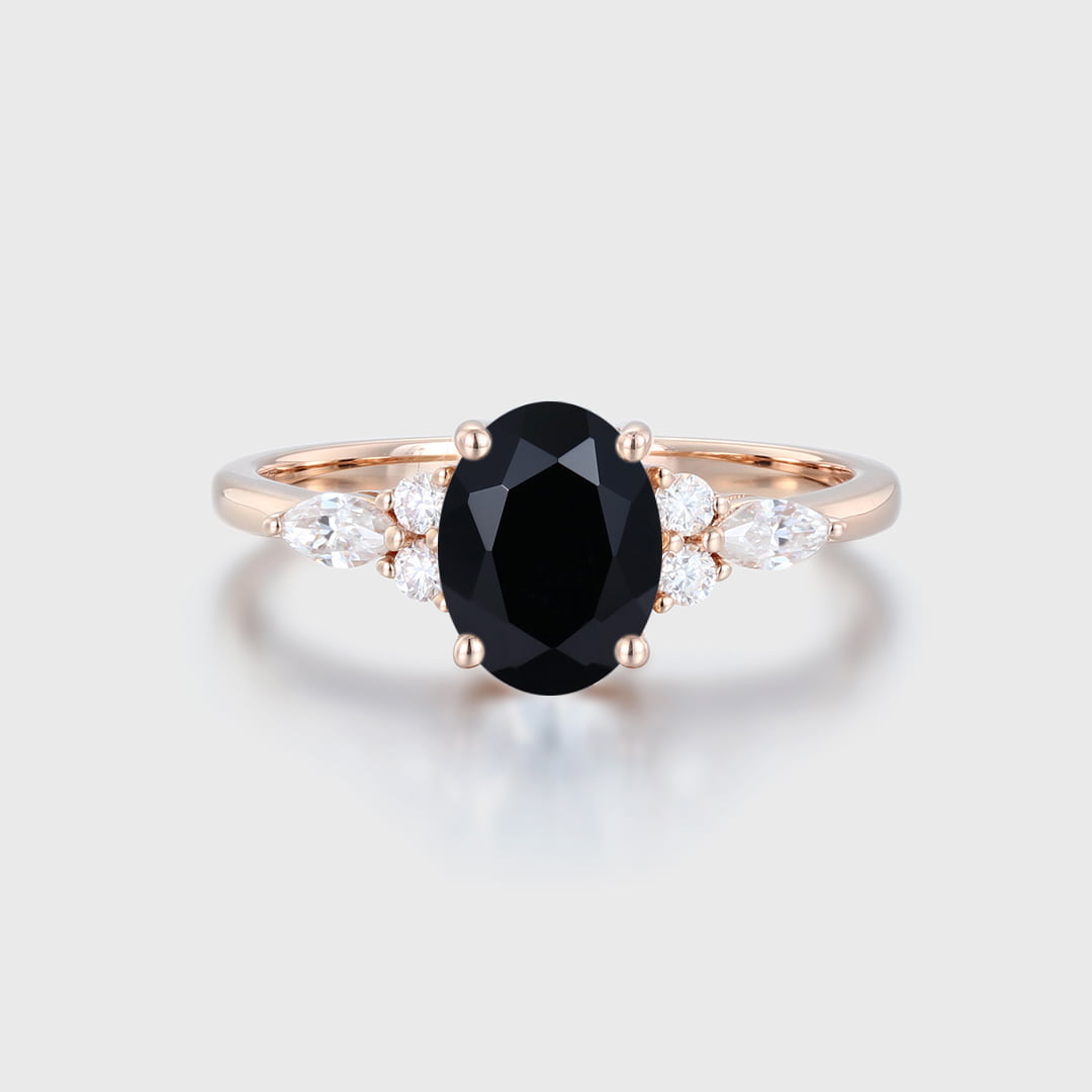 Oval Cut 8X6 mm Black Onyx Wedding Ring 14K Rose Gold Women Bridal Art Deco Anniversary