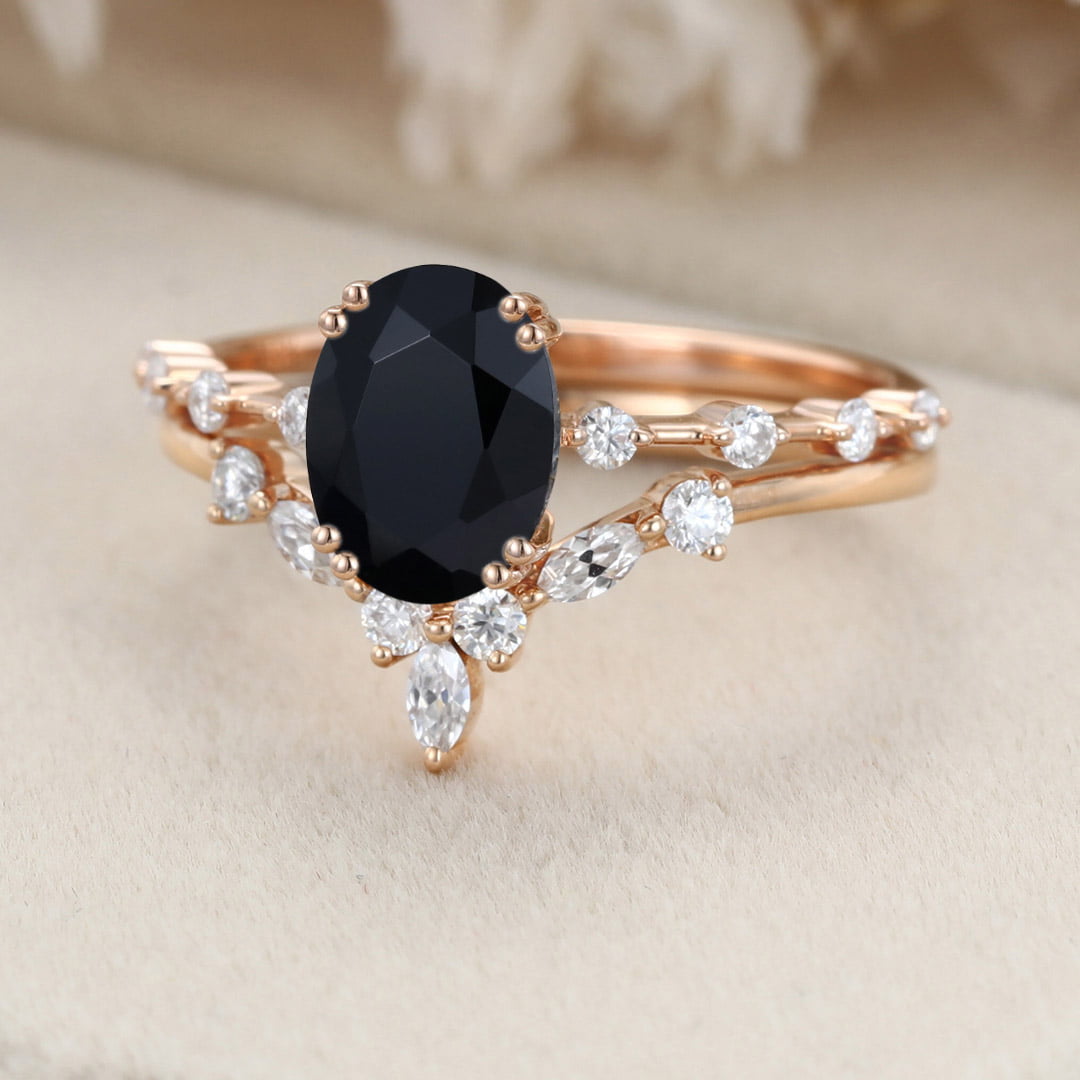 Oval Black Onyx engagement ring set vintage moissanite engagement ring Unique Rose gold engagement ring wedding Bridal Promise Anniversary gift