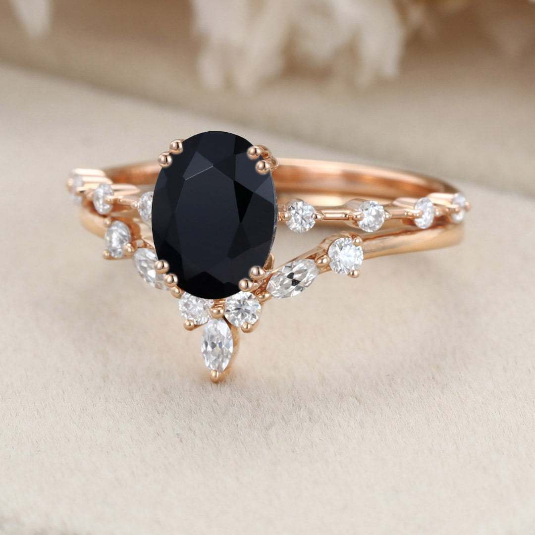 Oval Black Onyx engagement ring set vintage moissanite engagement ring Unique Rose gold engagement ring wedding Bridal Promise Anniversary gift