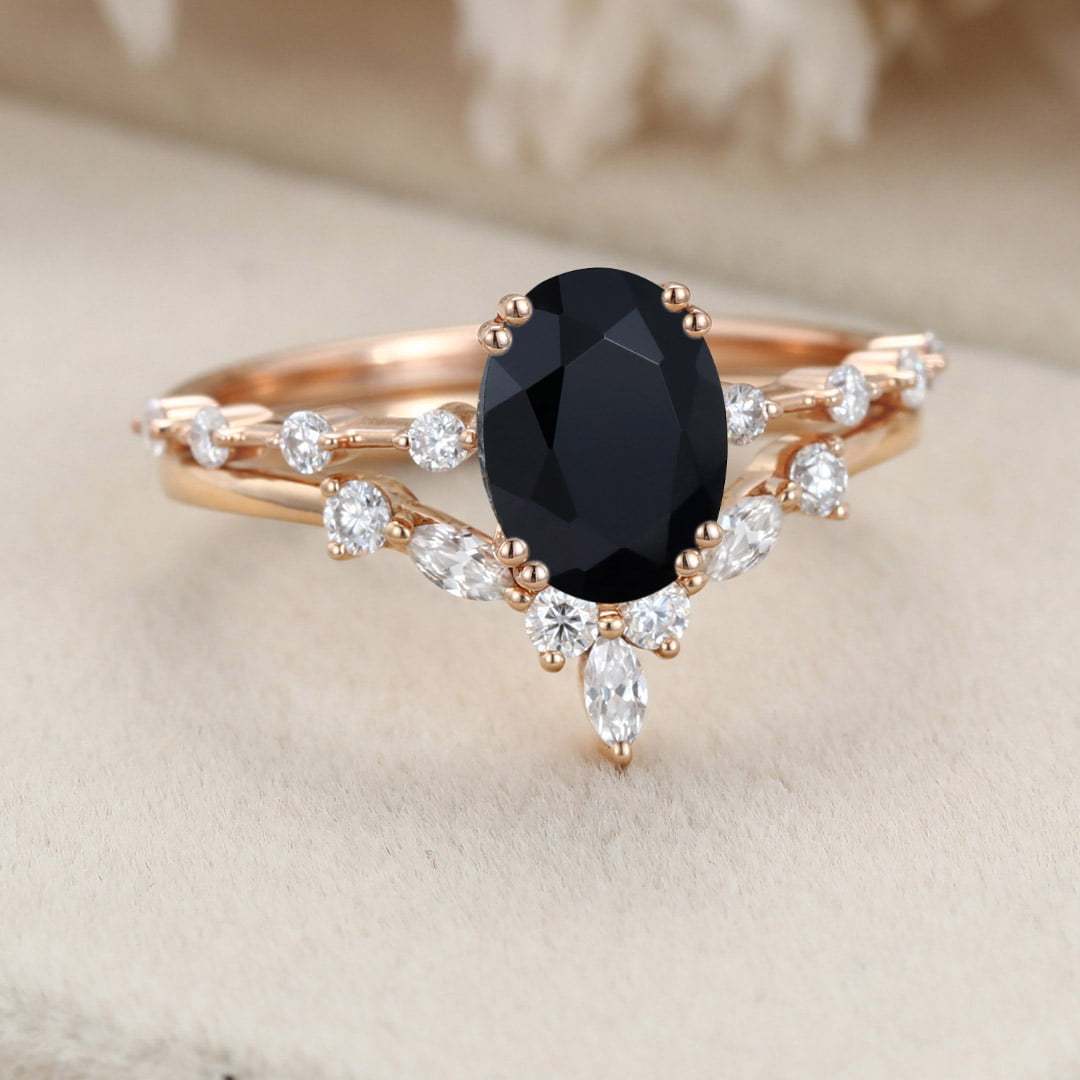 Oval Black Onyx engagement ring set vintage moissanite engagement ring Unique Rose gold engagement ring wedding Bridal Promise Anniversary gift