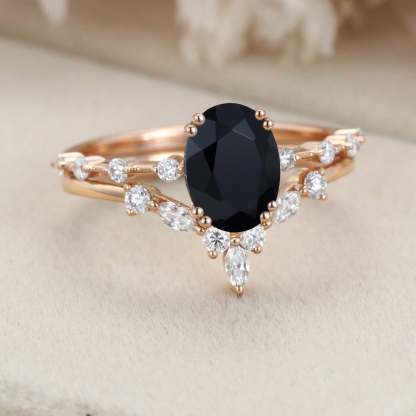 Oval Black Onyx engagement ring set vintage moissanite engagement ring Unique Rose gold engagement ring wedding Bridal Promise Anniversary gift