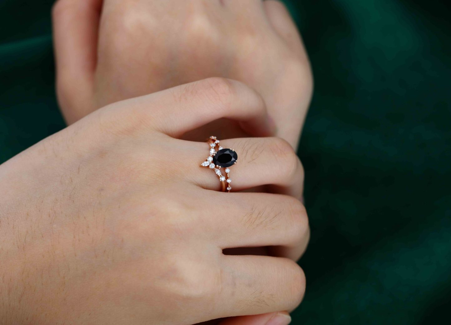 Oval Black Onyx engagement ring set vintage moissanite engagement ring Unique Rose gold engagement ring wedding Bridal Promise Anniversary gift