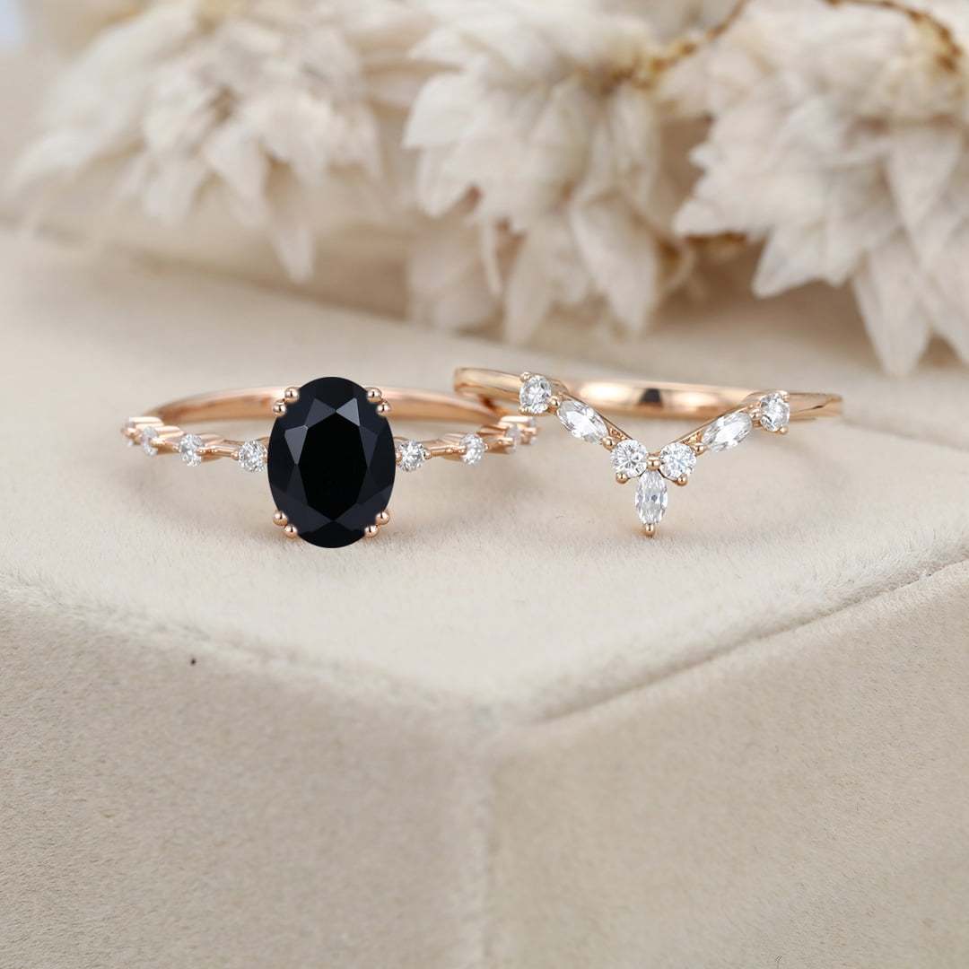 Oval Black Onyx engagement ring set vintage moissanite engagement ring Unique Rose gold engagement ring wedding Bridal Promise Anniversary gift