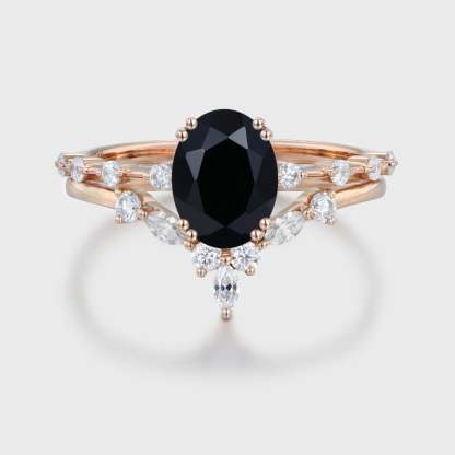 Oval Black Onyx engagement ring set vintage moissanite engagement ring Unique Rose gold engagement ring wedding Bridal Promise Anniversary gift