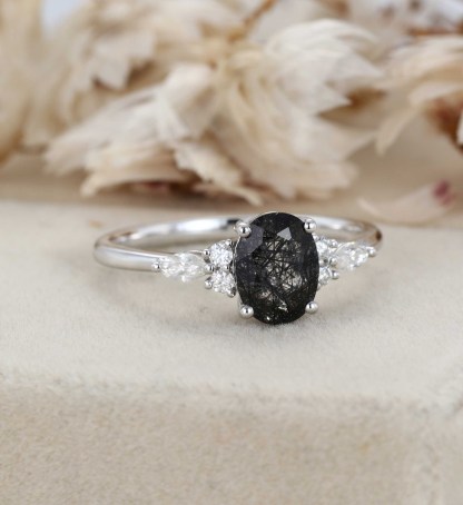 Oval Black Quartz Rutilated Engagement Ring 14K White Gold Marquise Cut Diamond Wedding Ring Gift For Her