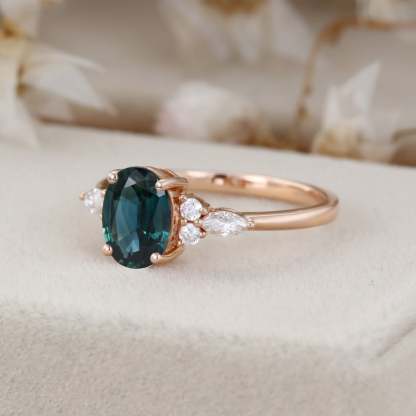 Oval Blue green sapphire engagement ring unique Vintage engagement ring Rose gold Marquise ring Cluster ring Bridal promise Anniversary ring