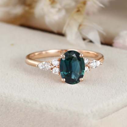 Oval Blue green sapphire engagement ring unique Vintage engagement ring Rose gold Marquise ring Cluster ring Bridal promise Anniversary ring