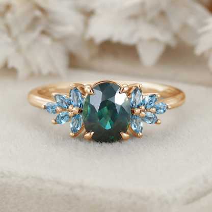 Oval Cut Blue Green Sapphire Engagement Ring 14K Rose Gold Engagement Ring Solid Gold Ring Marquise Cluster Topaz Ring Anniversary Gift