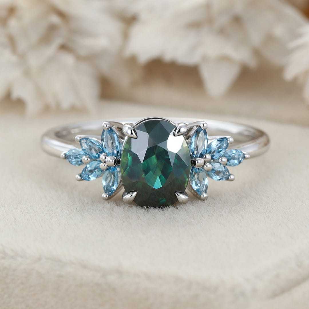Oval Cut Blue Green Sapphire Engagement Ring 14K Rose Gold Engagement Ring Solid Gold Ring Marquise Cluster Topaz Ring Anniversary Gift