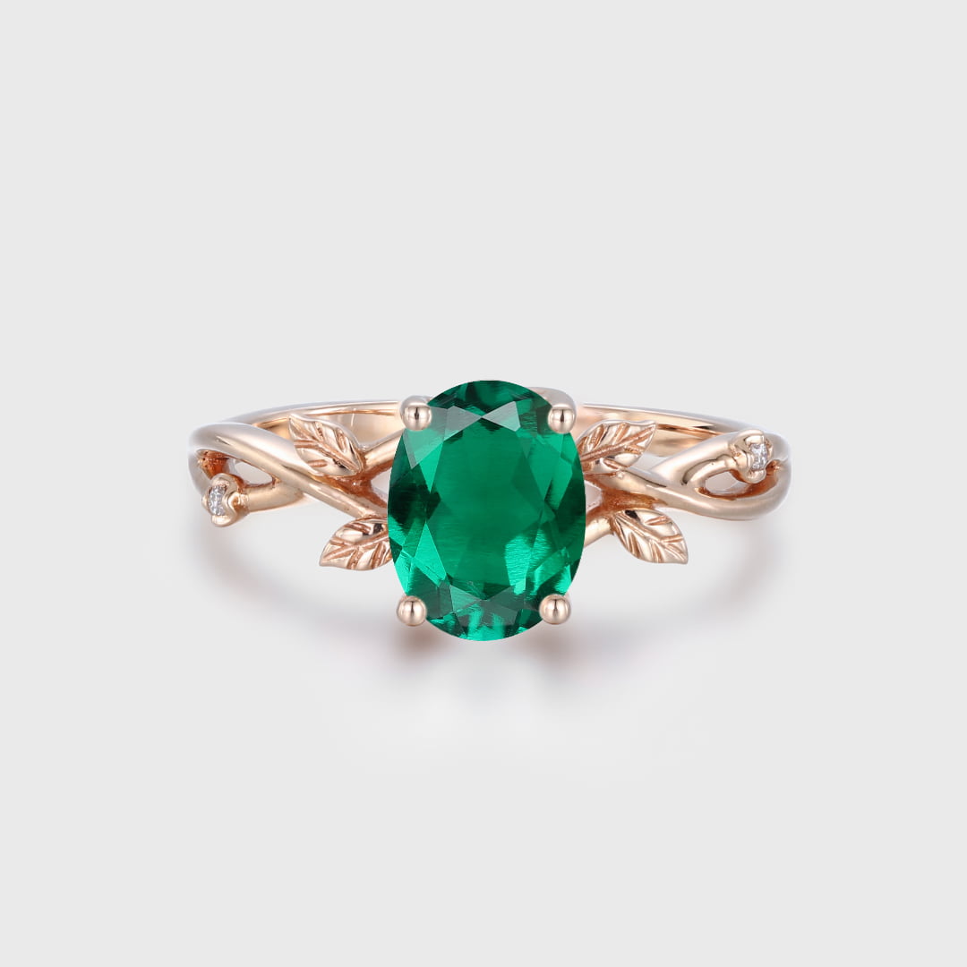 Oval Cut Lab Emerald Engagement Ring Vintage14K Rose Gold Branch Diamond Art Deco Ring Unique Wedding Promise Ring Anniversary Gift women