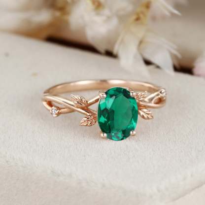 Oval Cut Lab Emerald Engagement Ring Vintage14K Rose Gold Branch Diamond Art Deco Ring Unique Wedding Promise Ring Anniversary Gift women