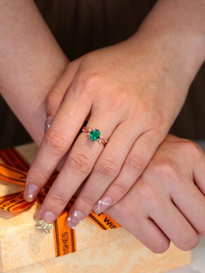 Oval Cut Lab Emerald Engagement Ring Vintage14K Rose Gold Branch Diamond Art Deco Ring Unique Wedding Promise Ring Anniversary Gift women