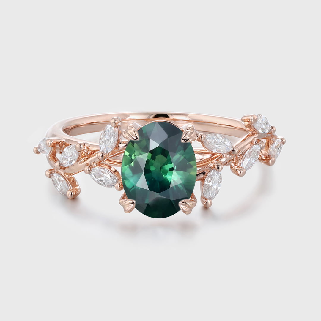 Oval Cut Lab-Grown Blue Green Sapphire Ring 14K Solid Gold Engagement Ring Branch Marquise Moissanite Cluster Ring