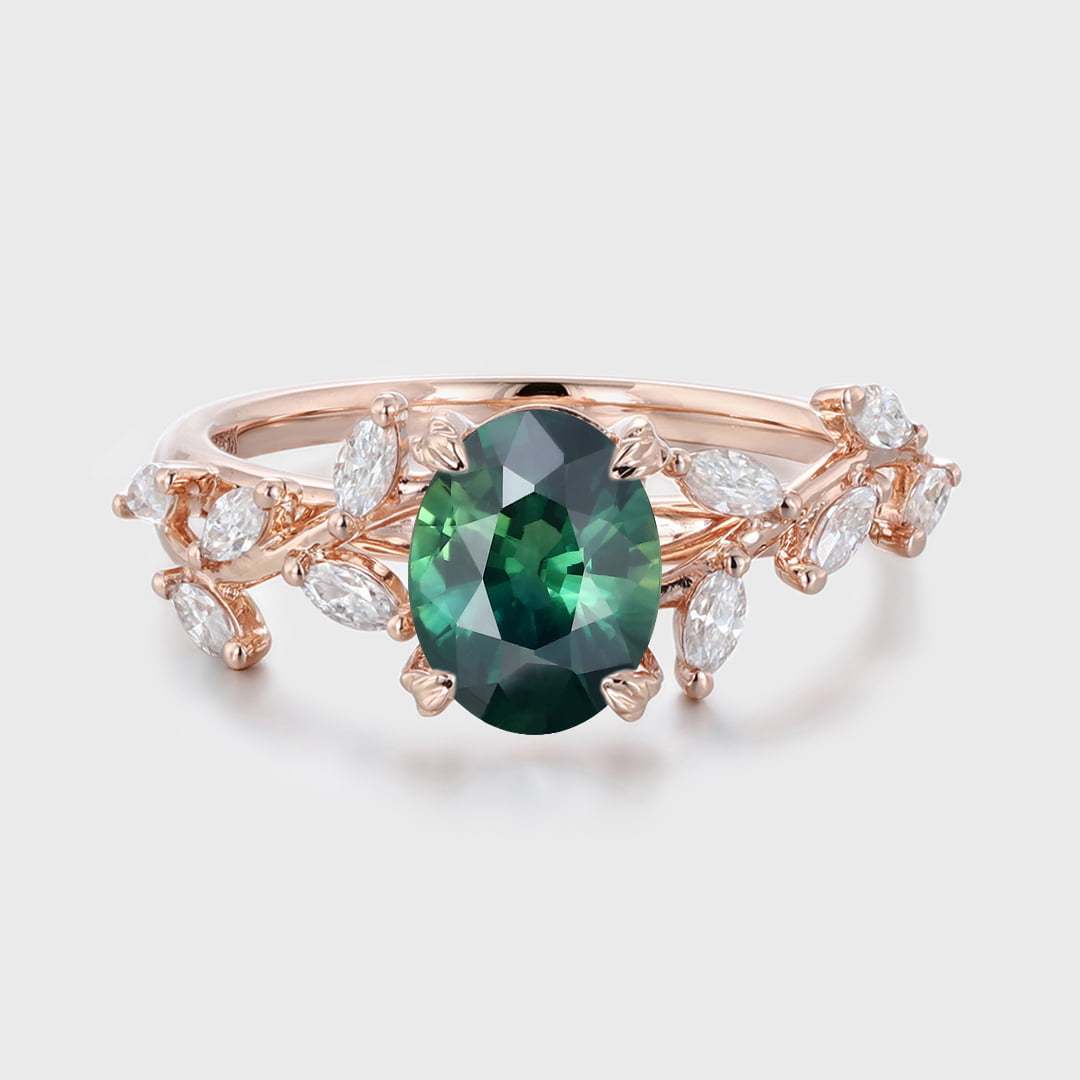 Oval Cut Lab-Grown Blue Green Sapphire Ring 14K Solid Gold Engagement Ring Branch Marquise Moissanite Cluster Ring