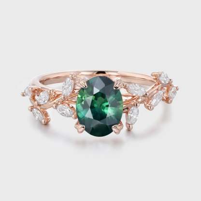 Oval Cut Lab-Grown Blue Green Sapphire Ring 14K Solid Gold Engagement Ring Branch Marquise Moissanite Cluster Ring