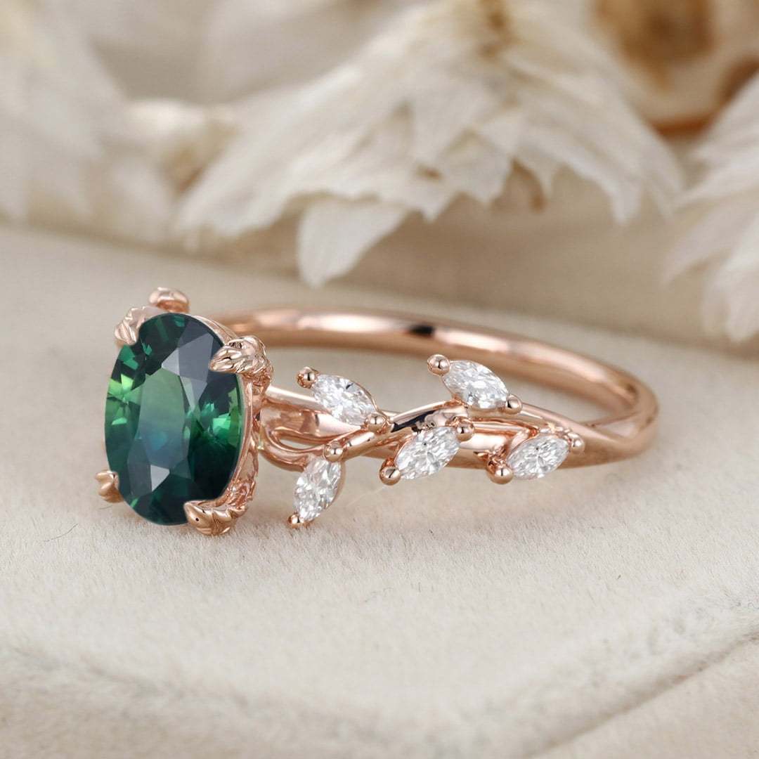 Oval Cut Lab-Grown Blue Green Sapphire Ring 14K Solid Gold Engagement Ring Branch Marquise Moissanite Cluster Ring